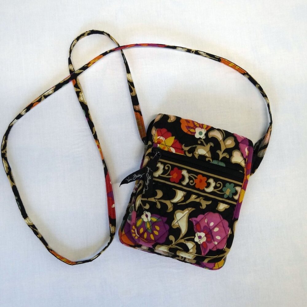 VERA BRADLEY Suzani Mini Crossbody Hipster Purse Organizer Black Floral Quilted